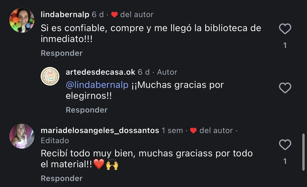 Comentario de @lindabernalp en Instagram: Si es confiable, compré y me llegó la biblioteca de inmediato!!!