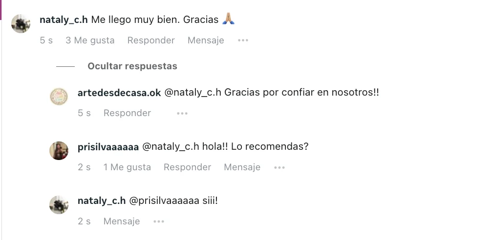 Comentario de @nataly_c.h en Instagram: Me llegó muy bien. Gracias — y cuando le preguntan si lo recomienda: “siii!”