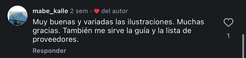 Comentario de @mabe_kalle en Instagram: Muy buenas y variadas las ilustraciones. También me sirve la guía y la lista de proveedores