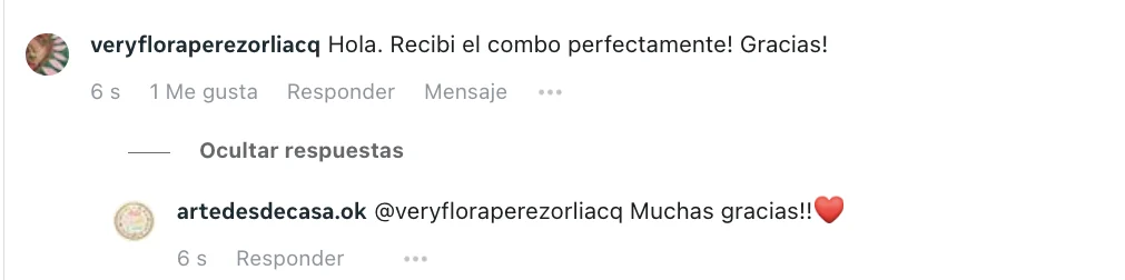 Comentario de @veryfloraperezorliacq en Instagram: Recibí el combo perfectamente! Gracias!