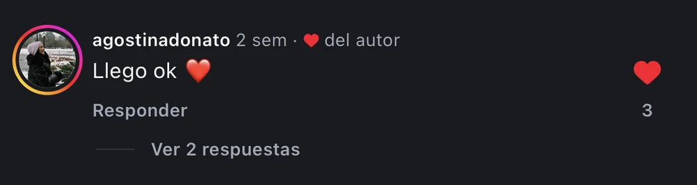 Comentario de @agostinadonato en Instagram: Llegó ok ❤️